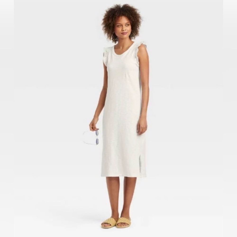 Universal Thread Ruffle Trimmed Sleeveless Crew Neck T Shirt Dress White SZ M